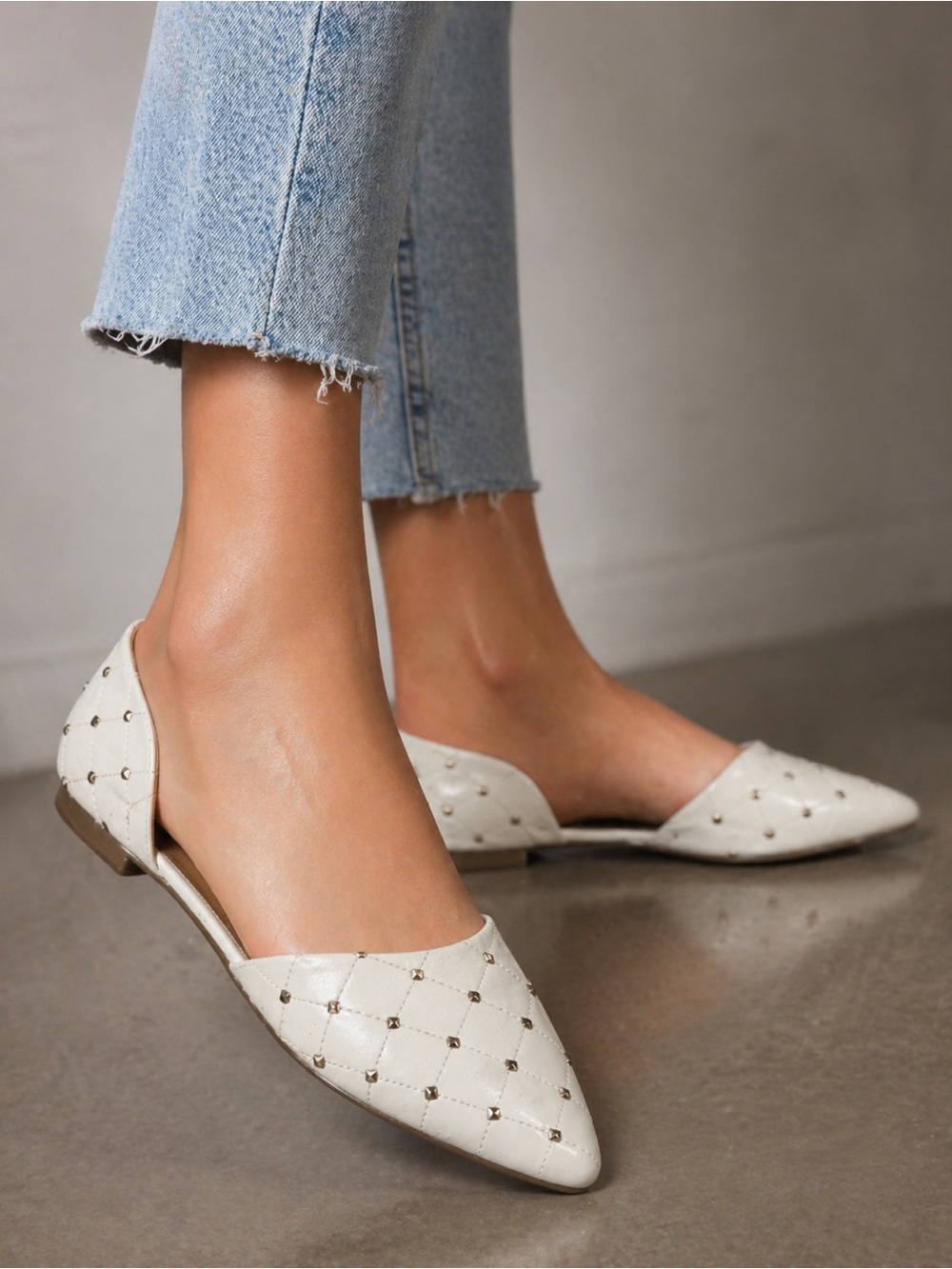 Chic Studded Pointed Toe Flats Nude Beige D’Orsay Quilted Shoes